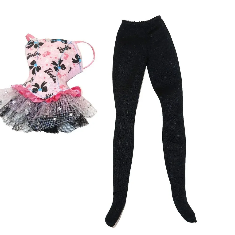 Barbie Pink Black Ballerina Tutu & Black Leotards Barbie Spellout Print No Doll